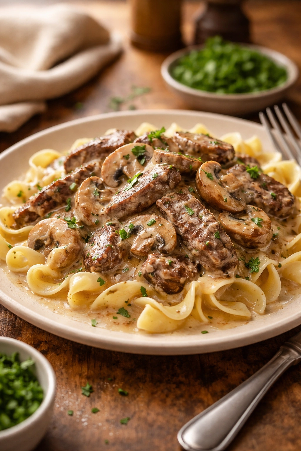 Plated beef stroganoff with mushrooms and noodles in a light sauce