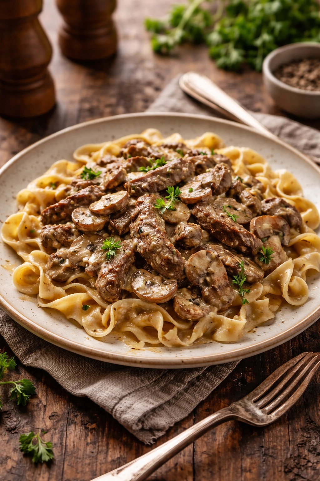 Plate of beef stroganoff with mushrooms in creamy sauce on a rustic table