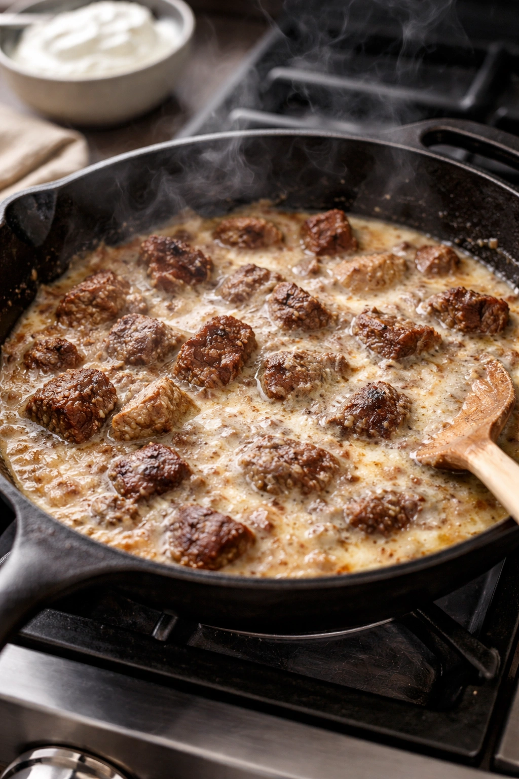 Close-up of skillet with unevenly browned beef and grainy sauce, illustrating common stroganoff mistakes