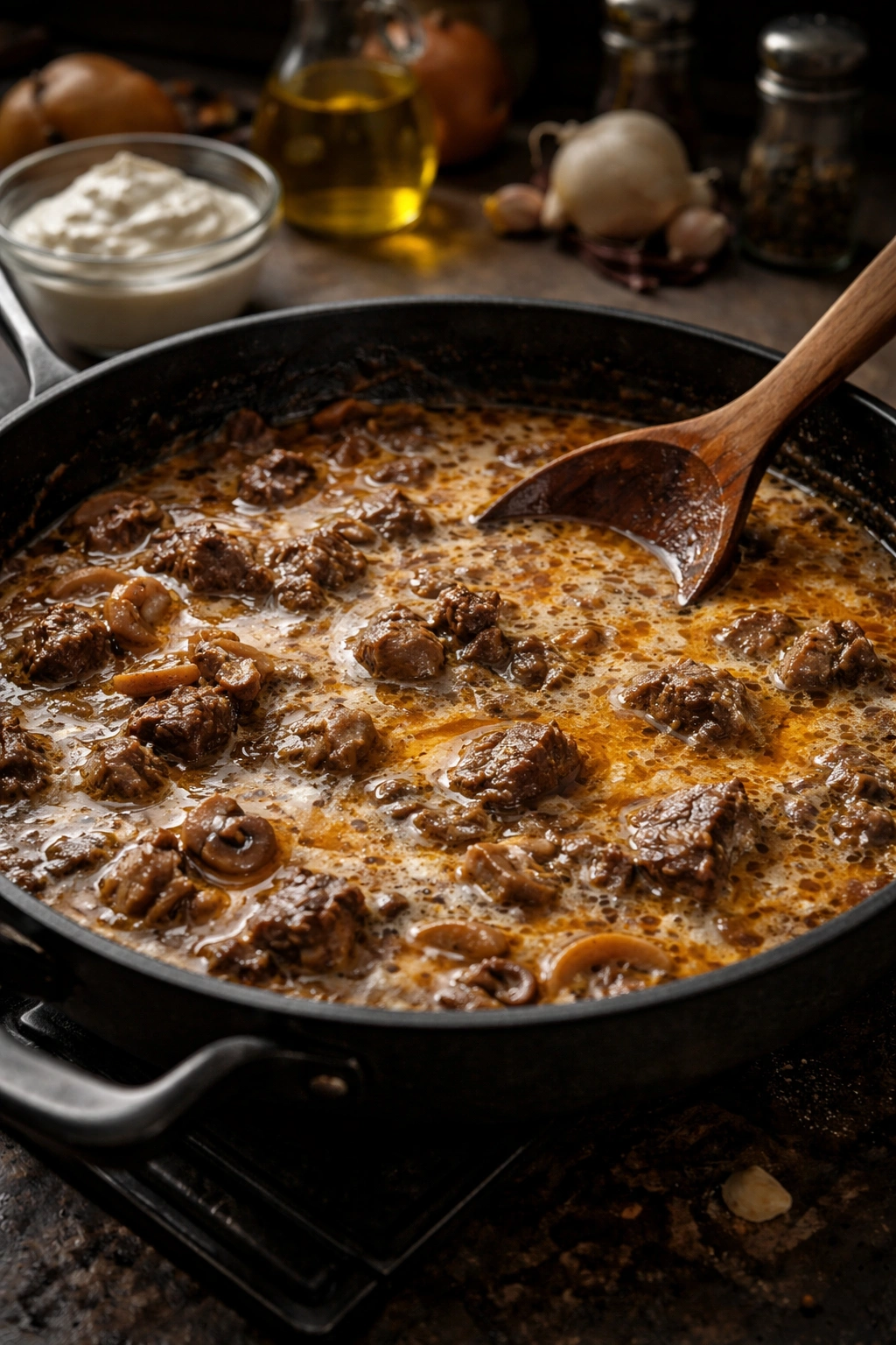 Pan with sauce showing separation to illustrate common stroganoff mistakes