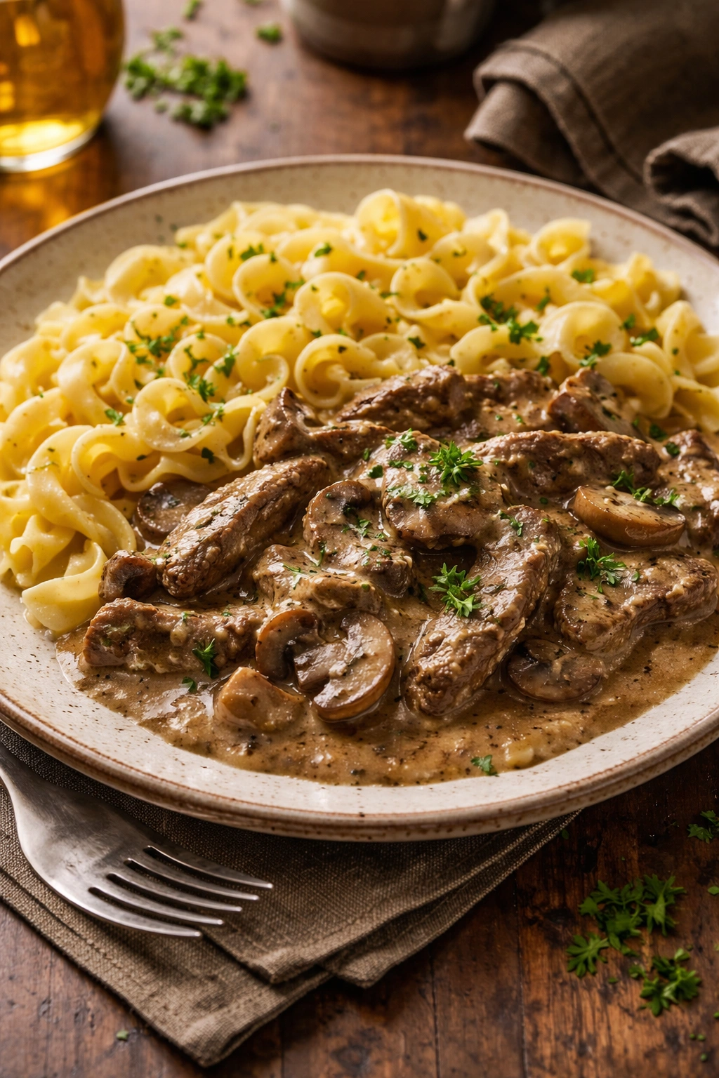 Beef stroganoff with a side of buttered egg noodles on a rustic plate
