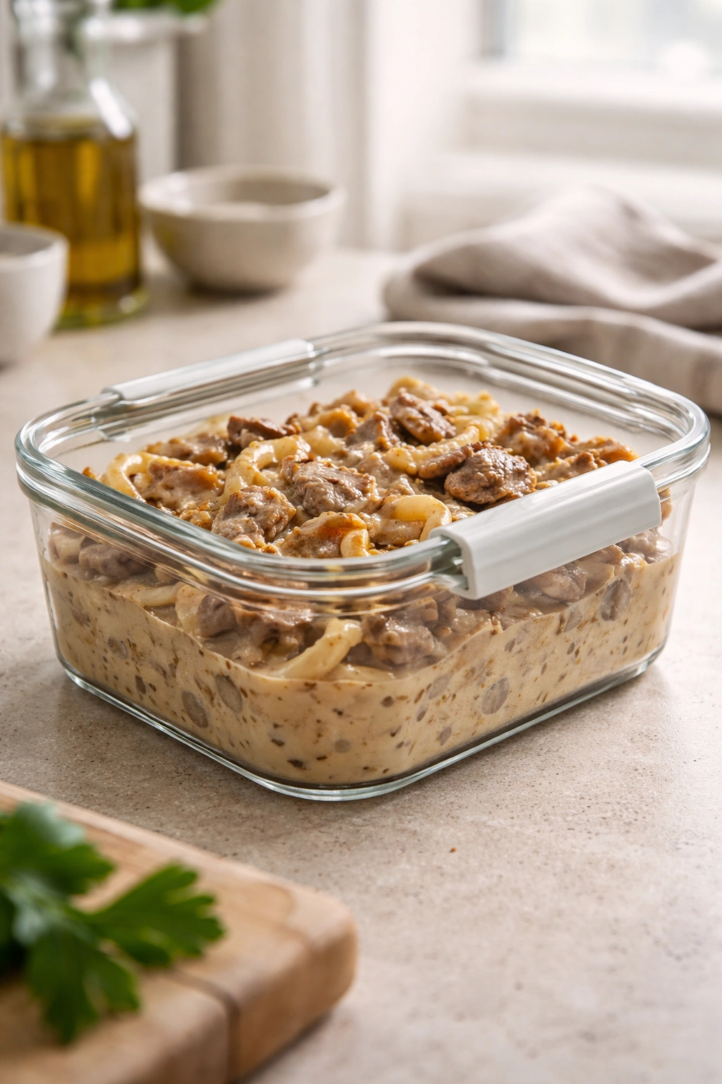 Glass storage container of stroganoff in a clean kitchen