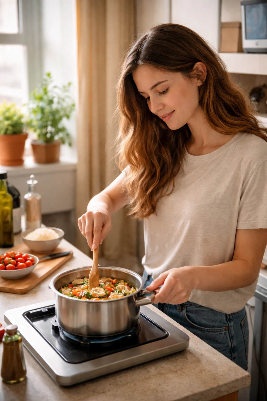 Dorm kitchen scene with a student cooking a quick, simple meal