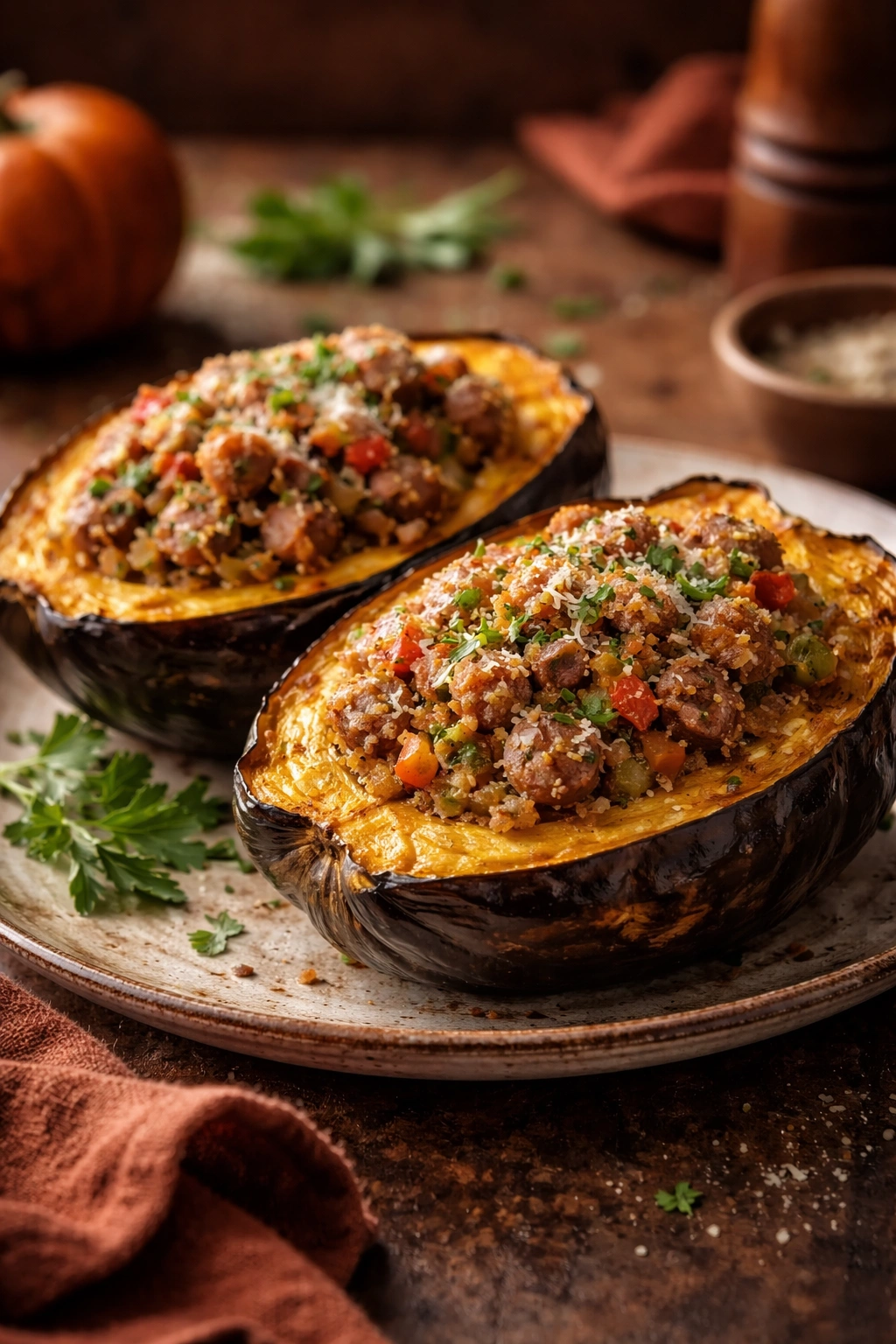 Stuffed acorn squash halves plated with sausage filling under warm autumn light