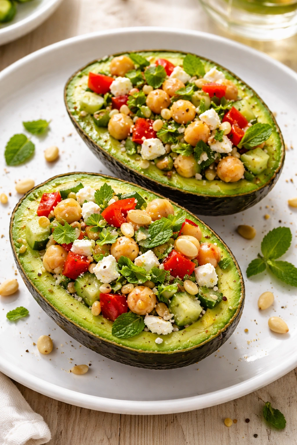 Two Mediterranean stuffed avocados with chickpeas, feta, cucumber and peppers on plate