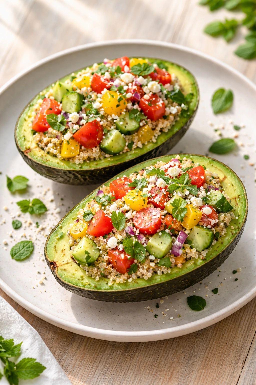 Two avocado halves filled with quinoa and herbs