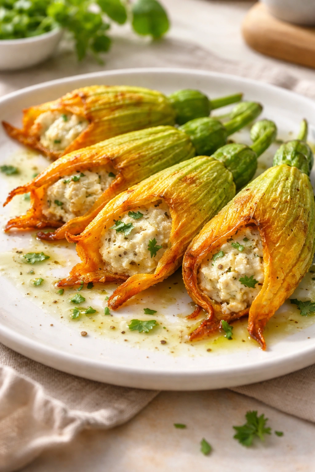 Close-up of stuffed zucchini blossoms with cashew ricotta filling on a white plate