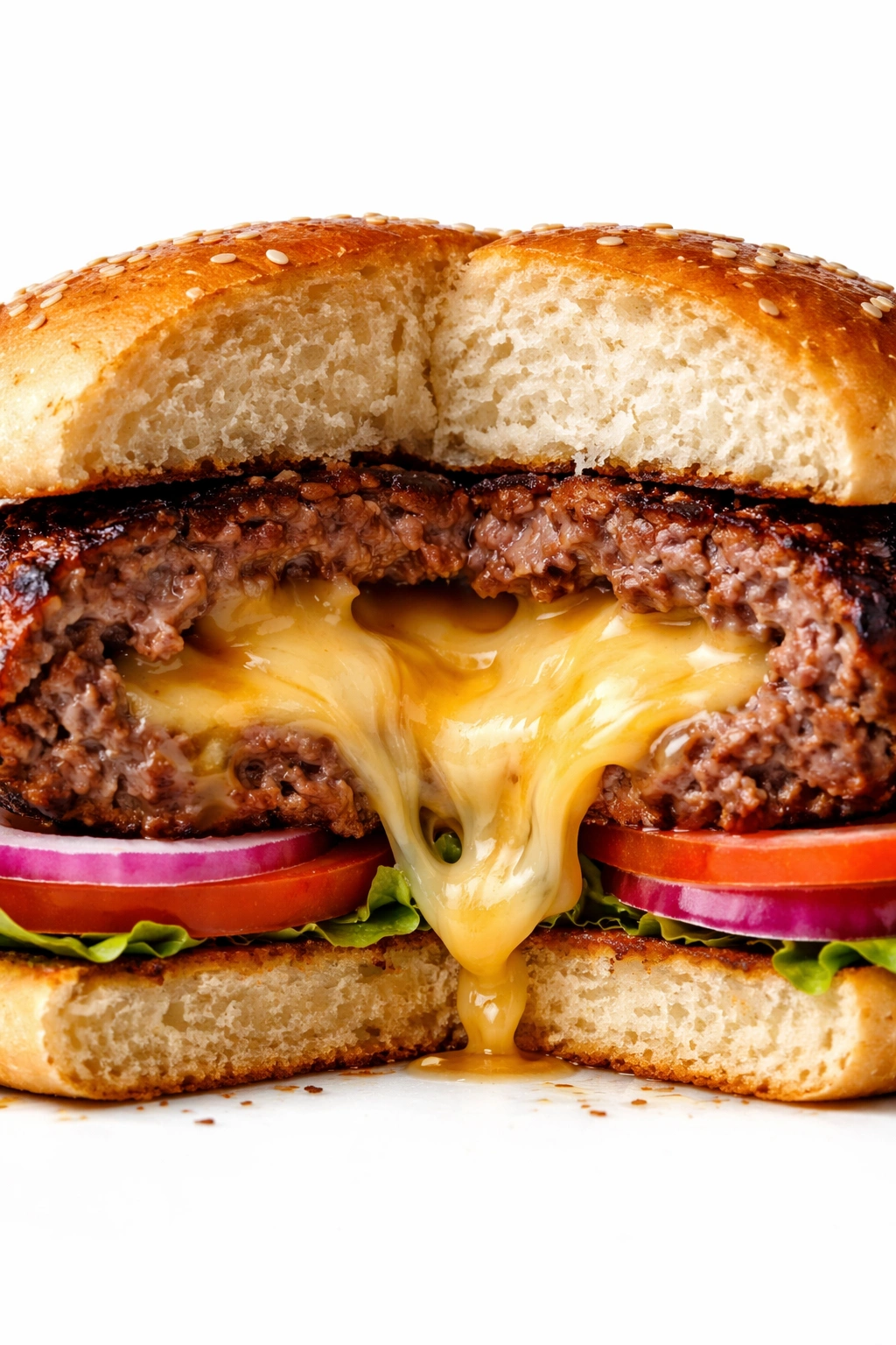 Cross-section stuffed burger showing molten cheese inside a beef patty