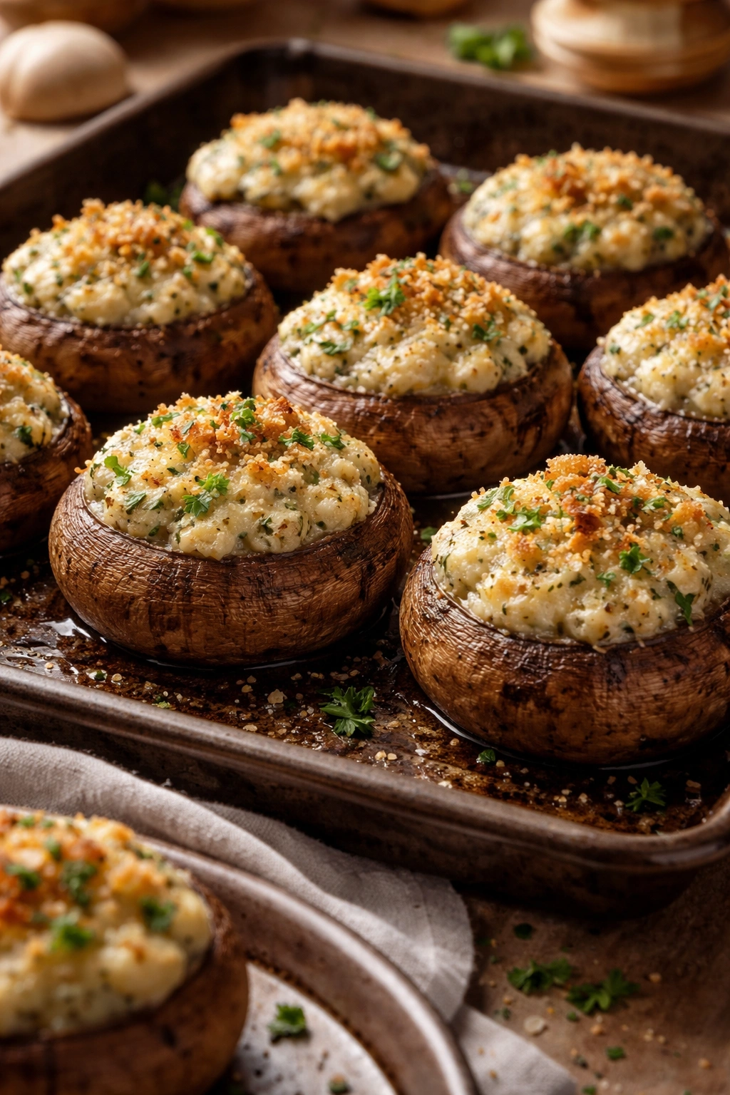Stuffed mushrooms baked to golden with creamy filling