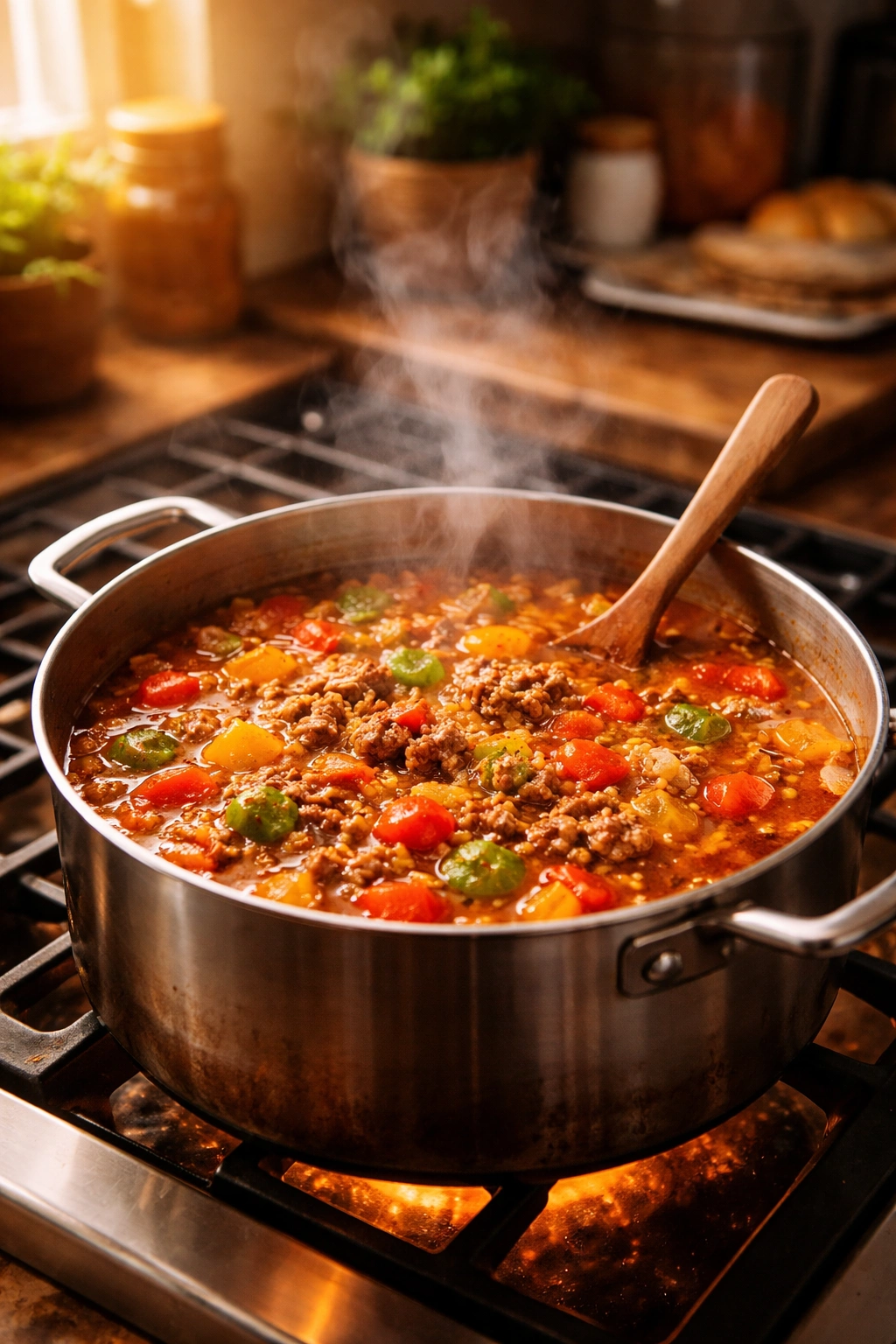 One-pot stuffed pepper soup simmering on a stove in a cozy kitchen