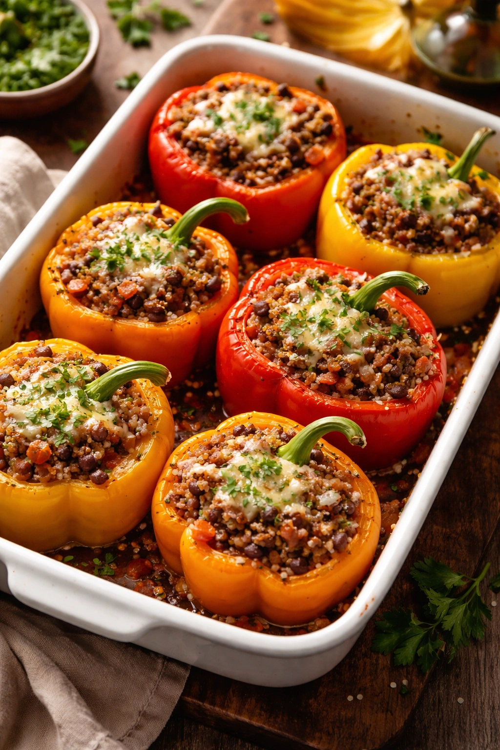 Close-up of colorful stuffed peppers in a baking dish