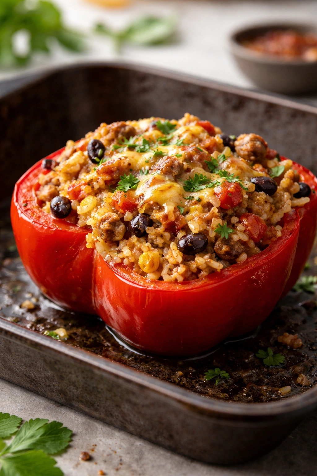 Red bell pepper half stuffed with rice filling on a baking dish
