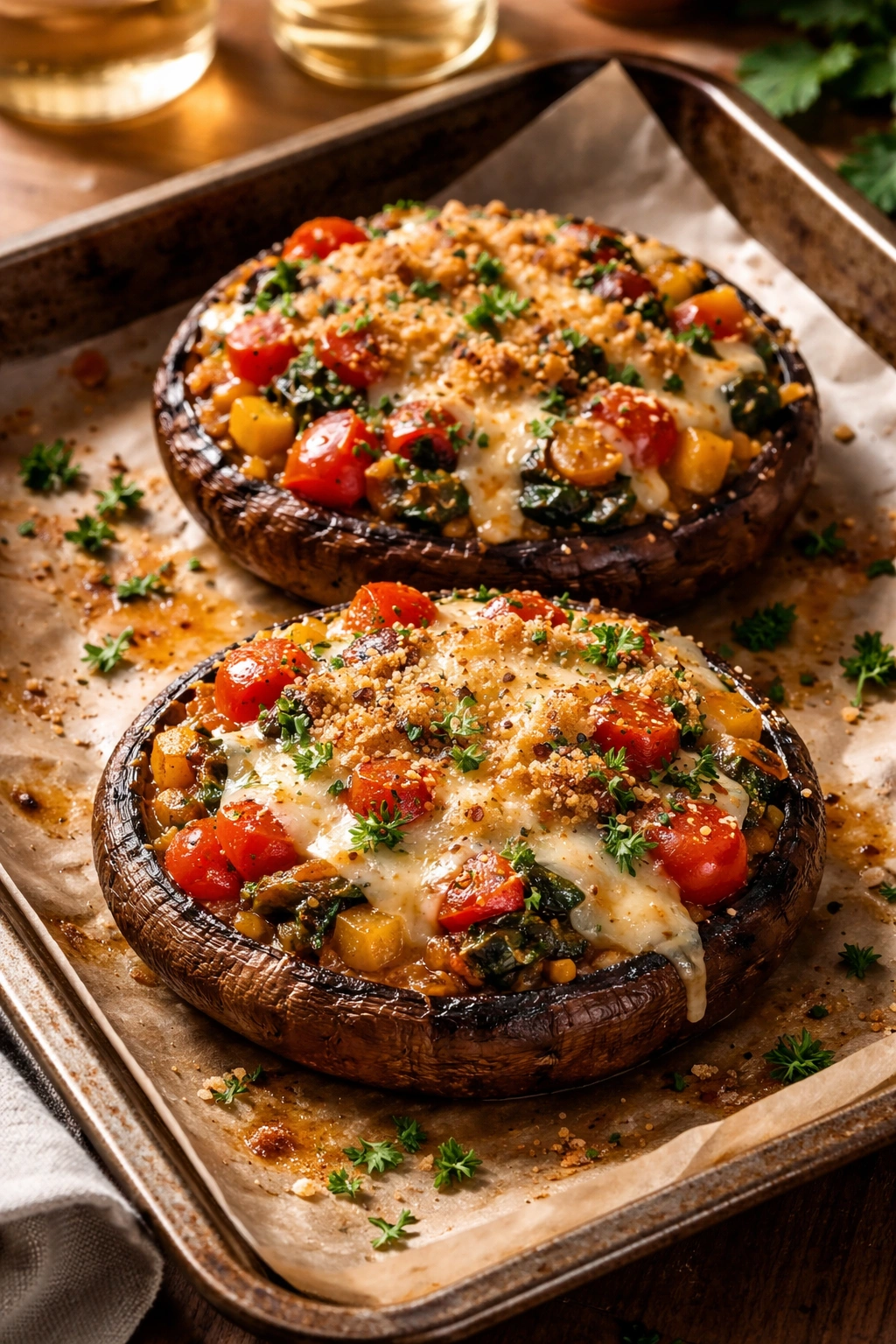 Two stuffed portobello mushrooms on a baking sheet