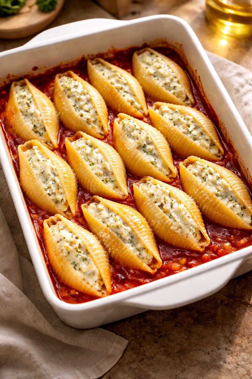 Close-up of jumbo stuffed shells in a baking dish with creamy filling and marinara edge.
