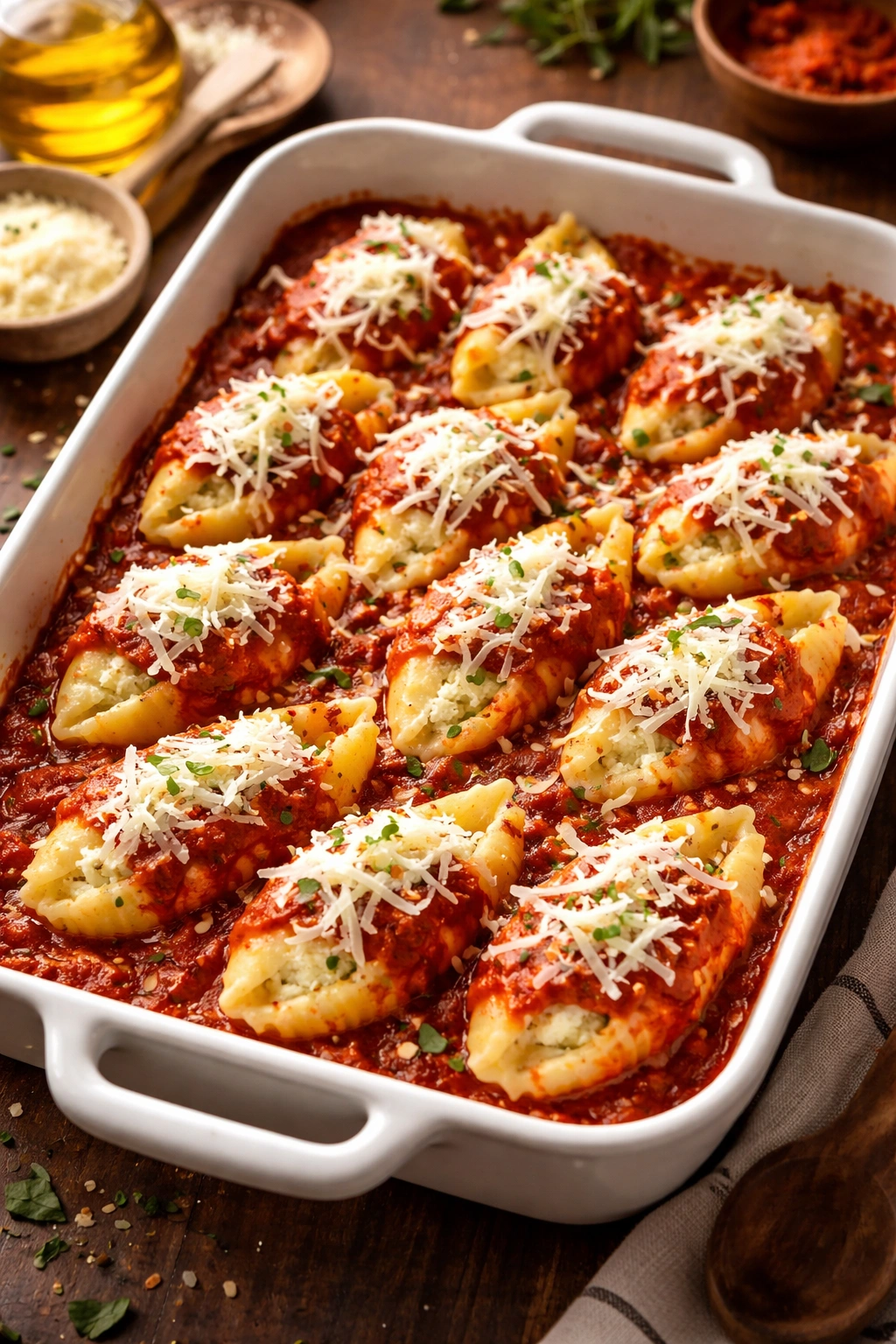 Stuffed shells arranged in baking dish with marinara