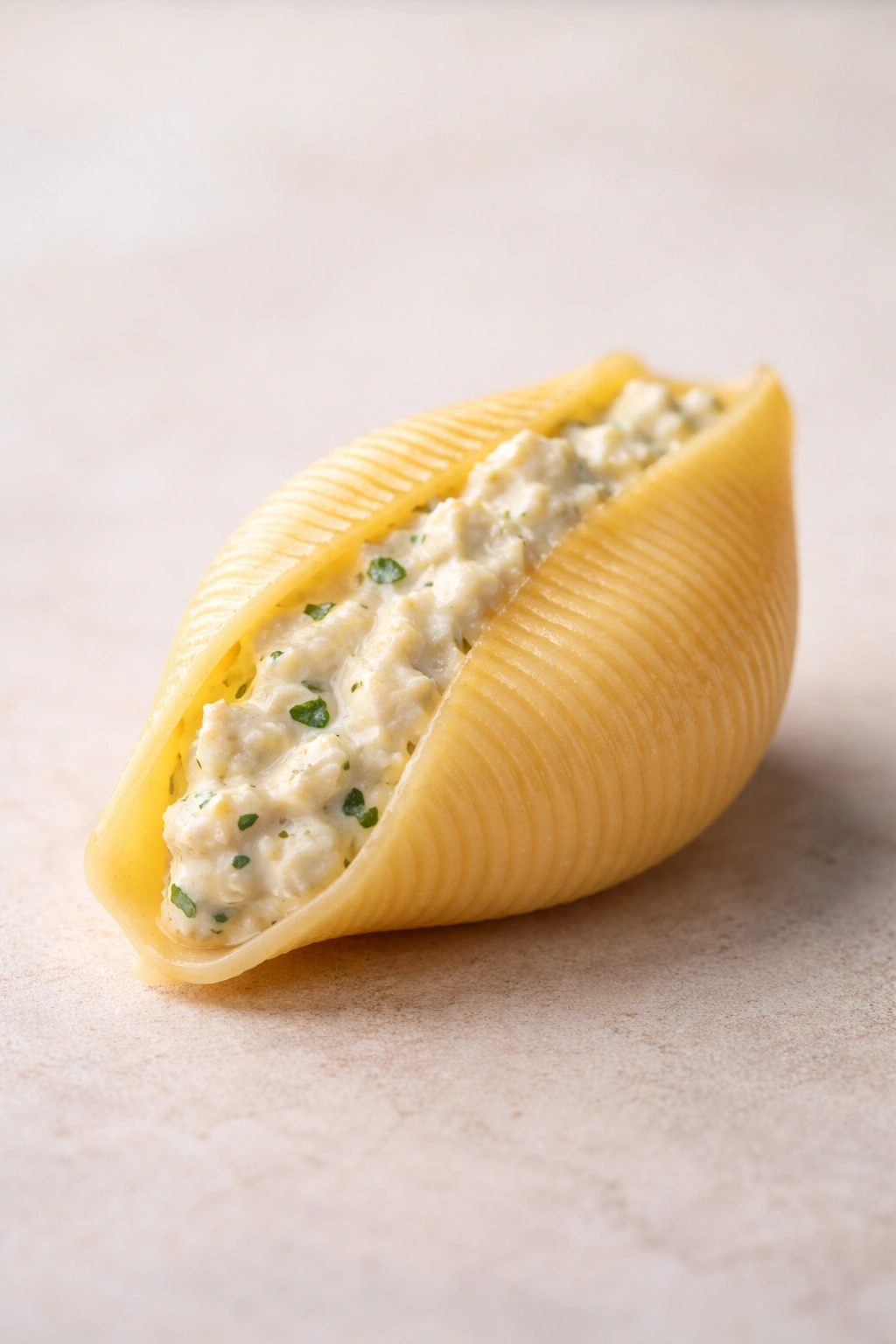 Close-up of a single stuffed shell with creamy filling and glossy texture.