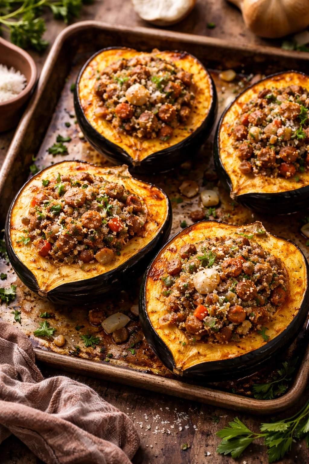 Halved acorn squash stuffed with sausage filling, roasted to perfection