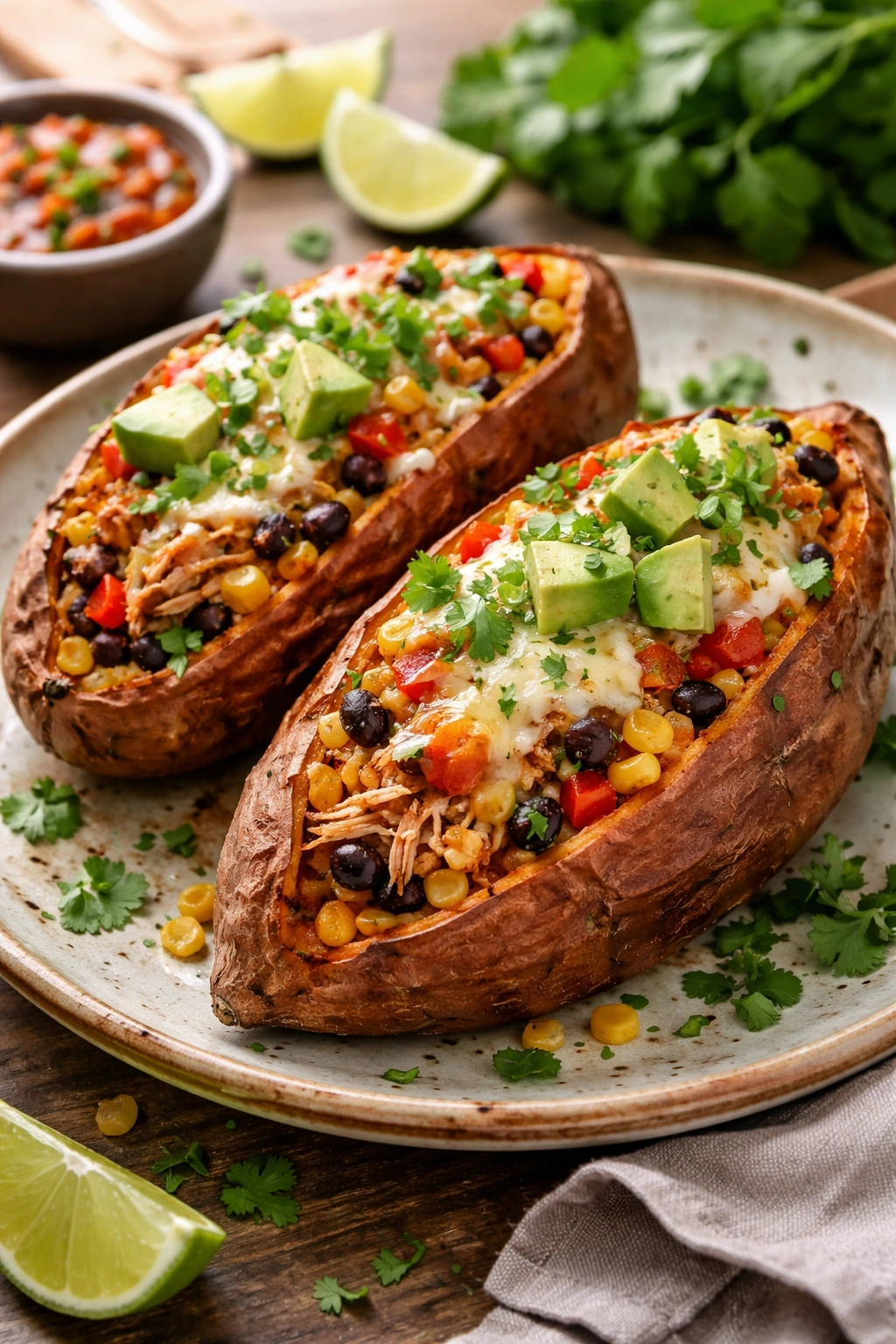 Close-up of stuffed sweet potatoes with black bean and chicken filling, melted cheese, cilantro.