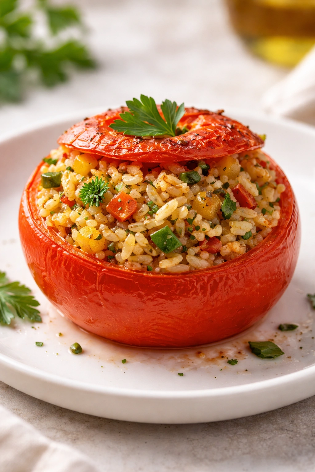 Halved tomato stuffed with savory rice filling on a white plate