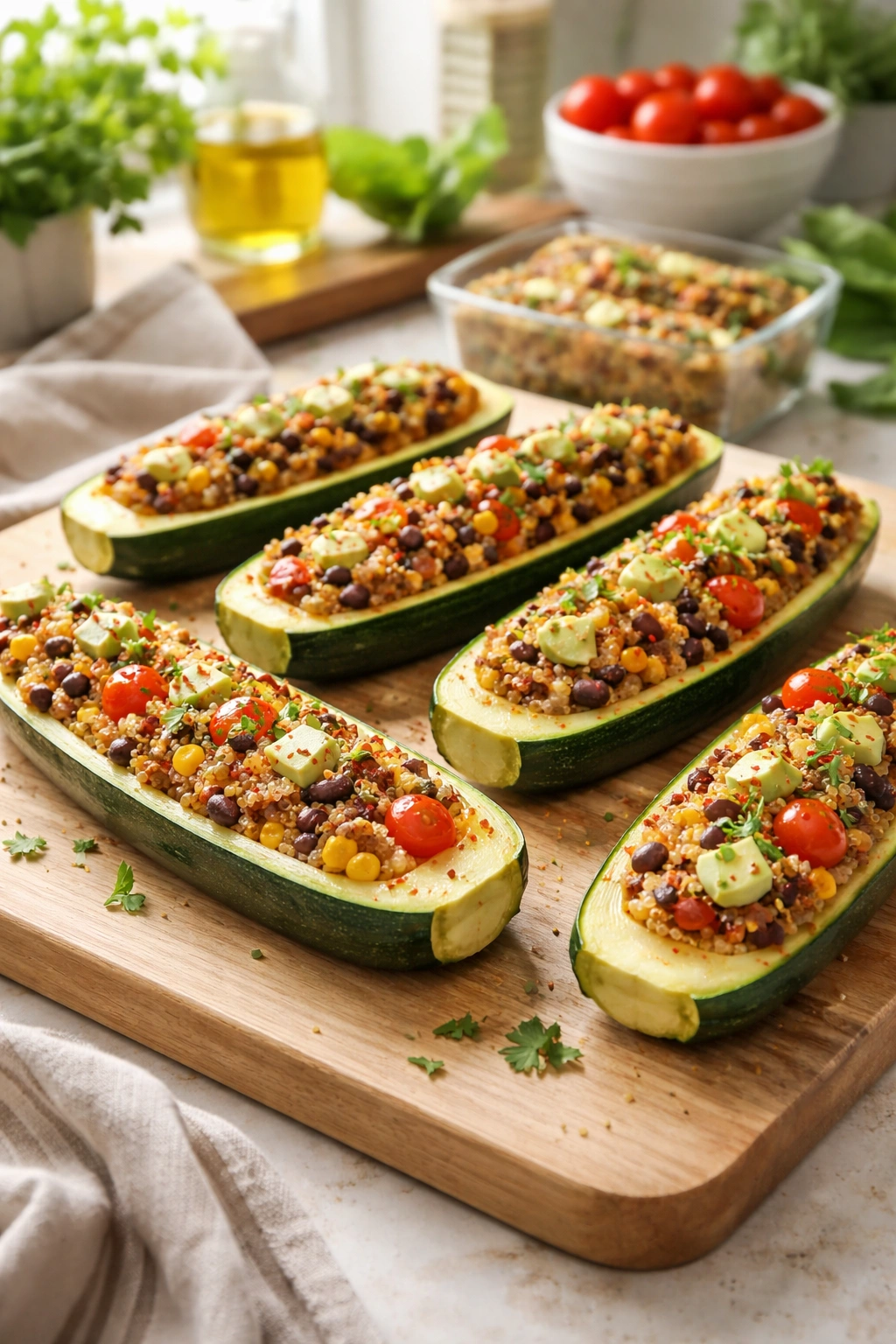 Stuffed zucchini boats arranged for meal prep on a wooden surface