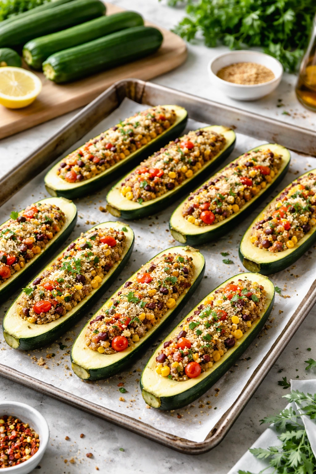Close-up of stuffed zucchini boats with colorful filling on parchment-lined sheet