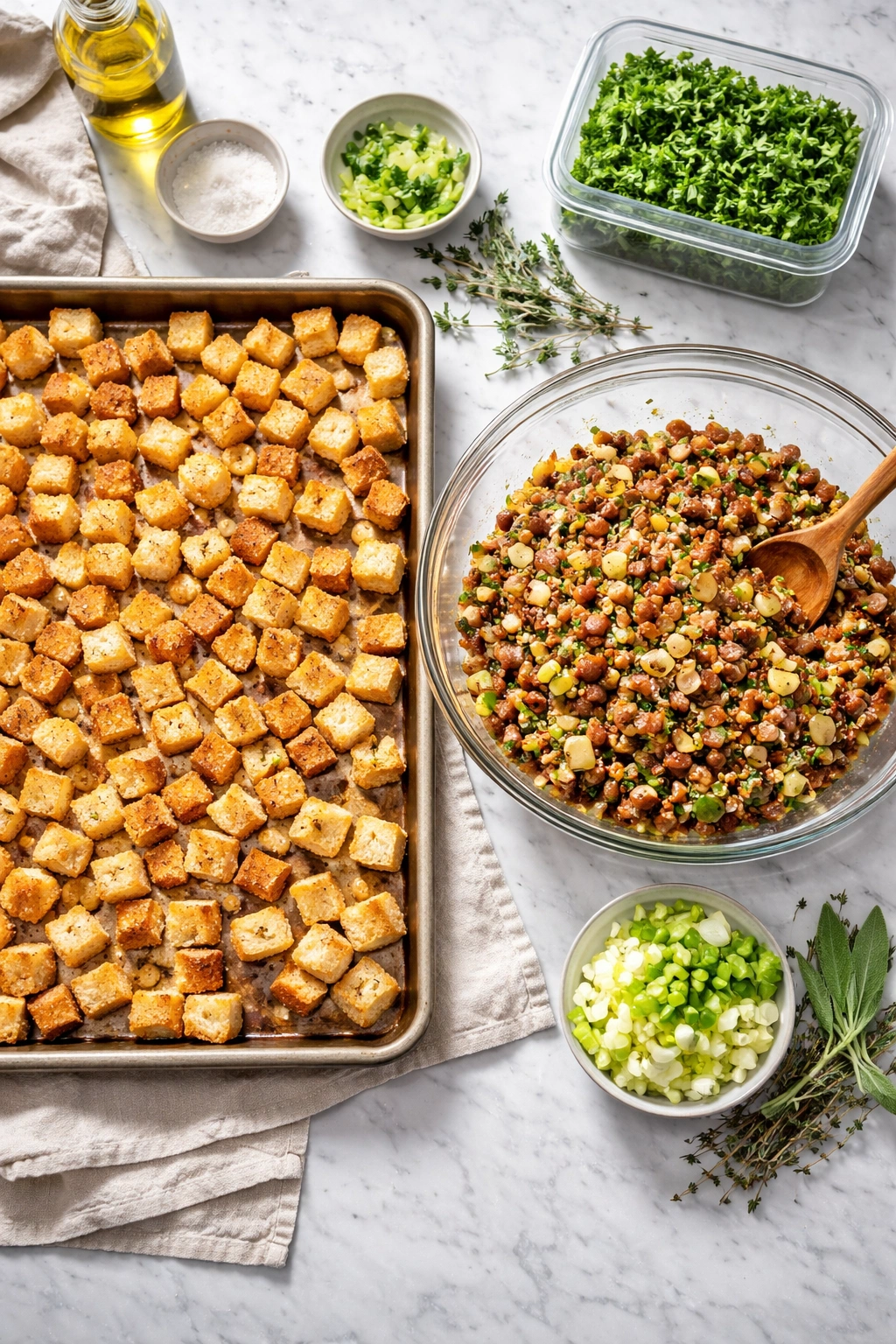 Two-stage stuffing prep with toasted bread and cooked sausage ready for assembly.