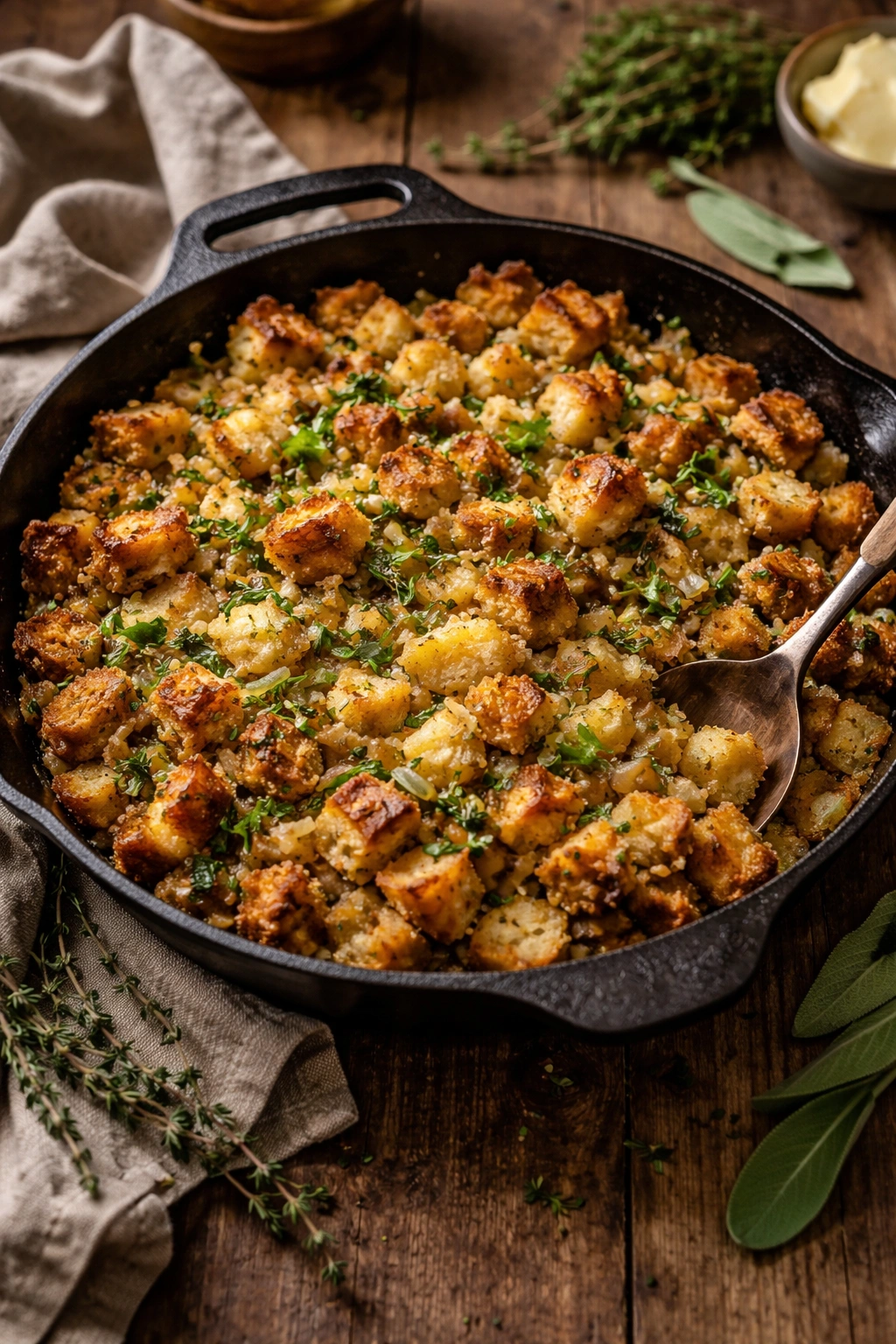 Stuffing in rustic cast-iron dish on wooden table with herbs