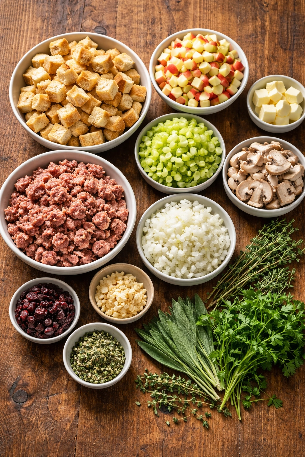 Assorted stuffing ingredients including sausage, apples, bread cubes, and herbs on a rustic surface.