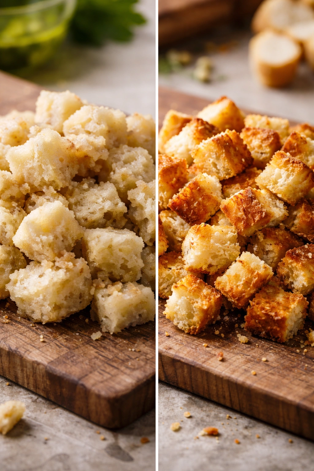 Soggy vs. toasted bread textures illustrating stuffing mistakes.