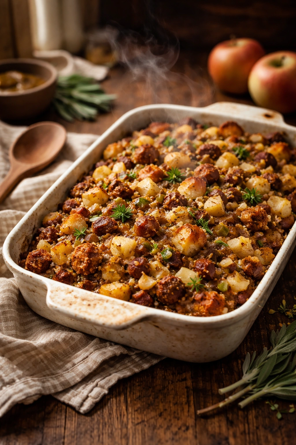 Finished sausage and apple stuffing in baking dish on rustic wooden table
