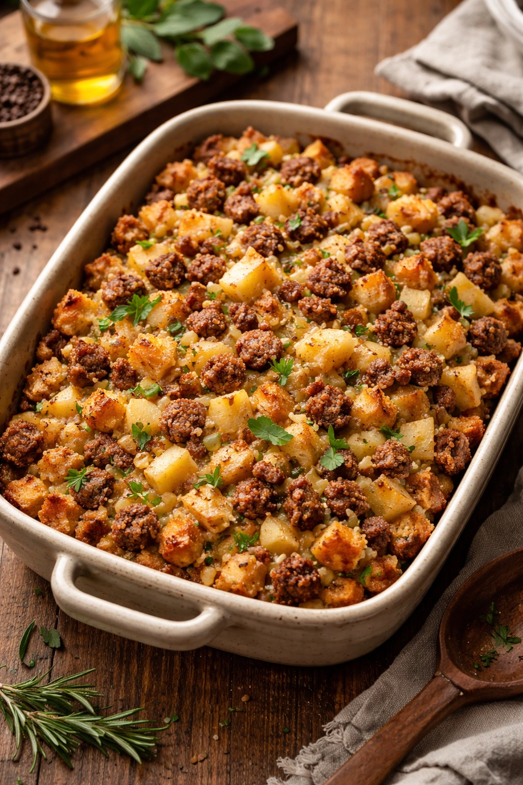 Close-up of sausage and apple stuffing in a baking dish showing bread, sausage and apple pieces