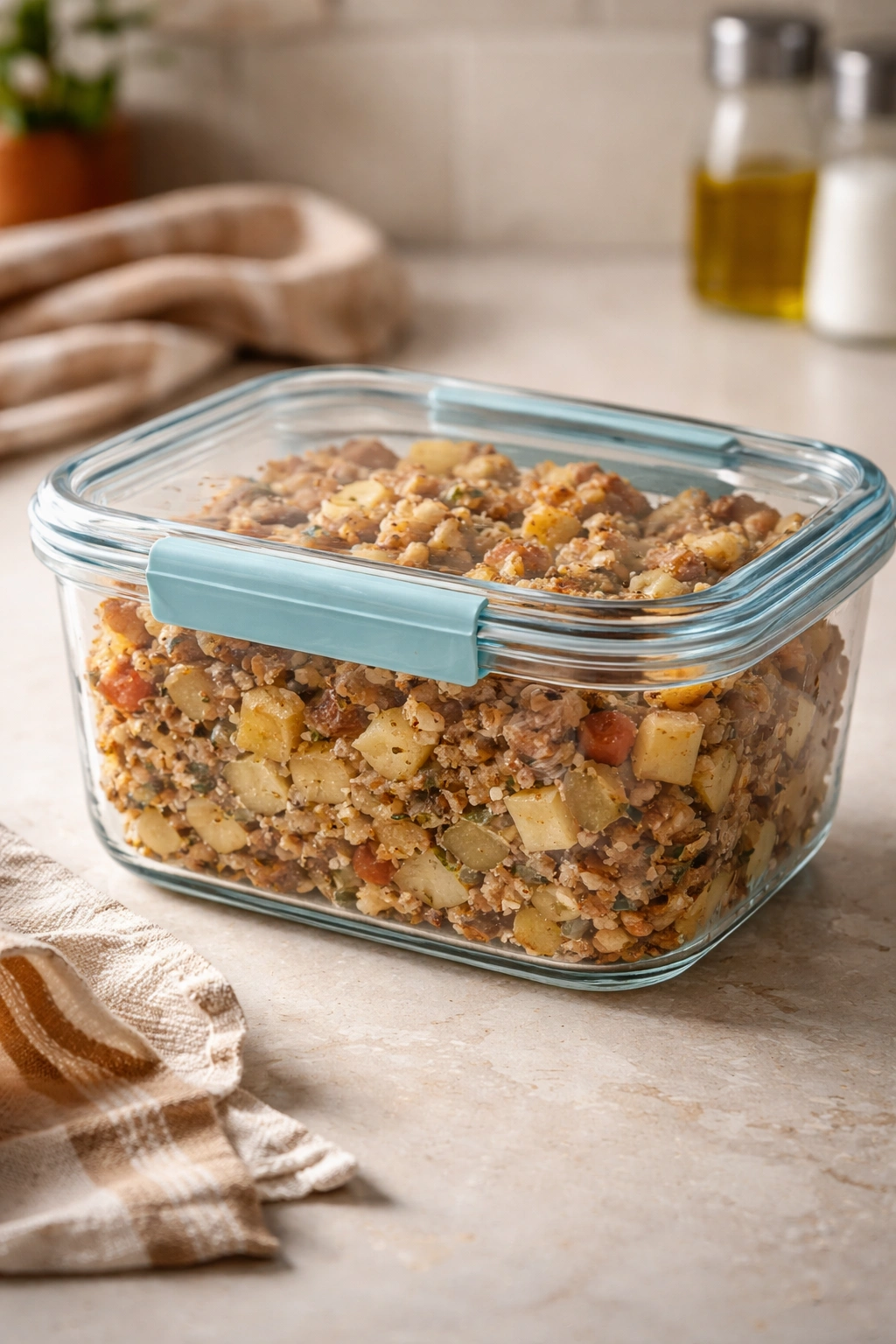 Airtight stuffing container on a clean kitchen counter for storage and reheating