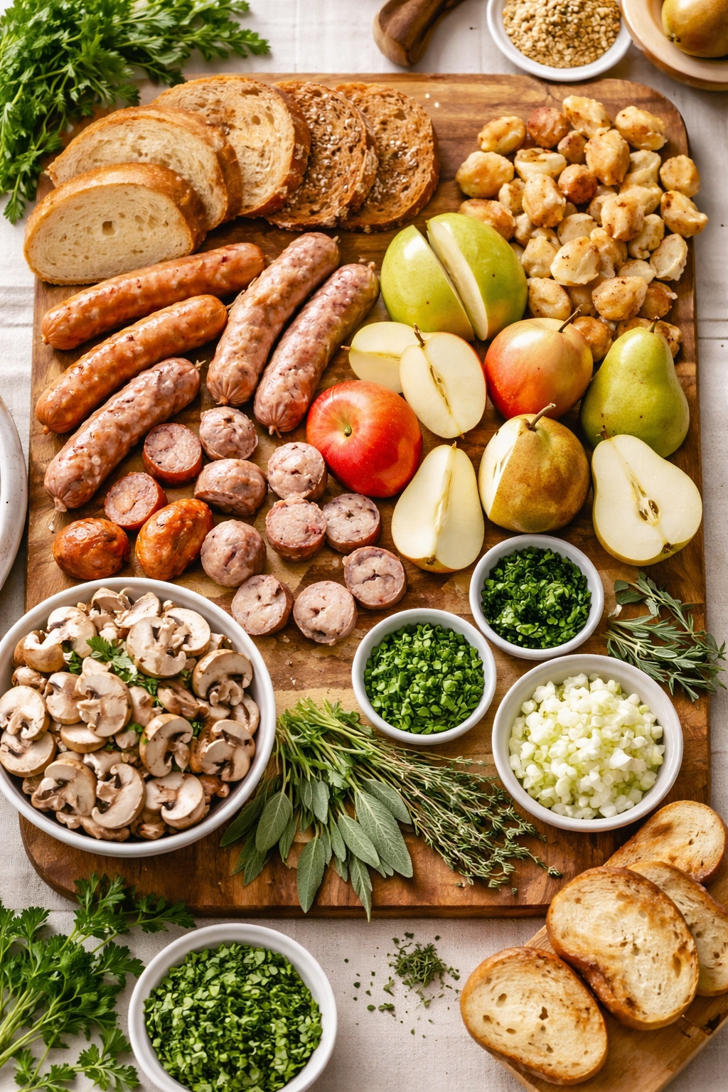 Assortment of variation ingredients for stuffing including sausages, apples, pears, bread, and mushrooms.