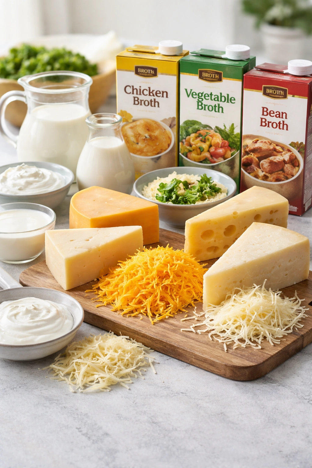 Cheese varieties and broth options displayed for substitutions