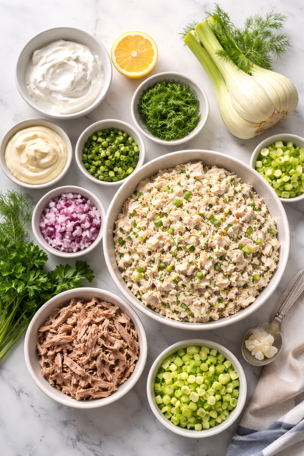 Chicken salad with substitution ingredients like yogurt and fennel arranged nearby