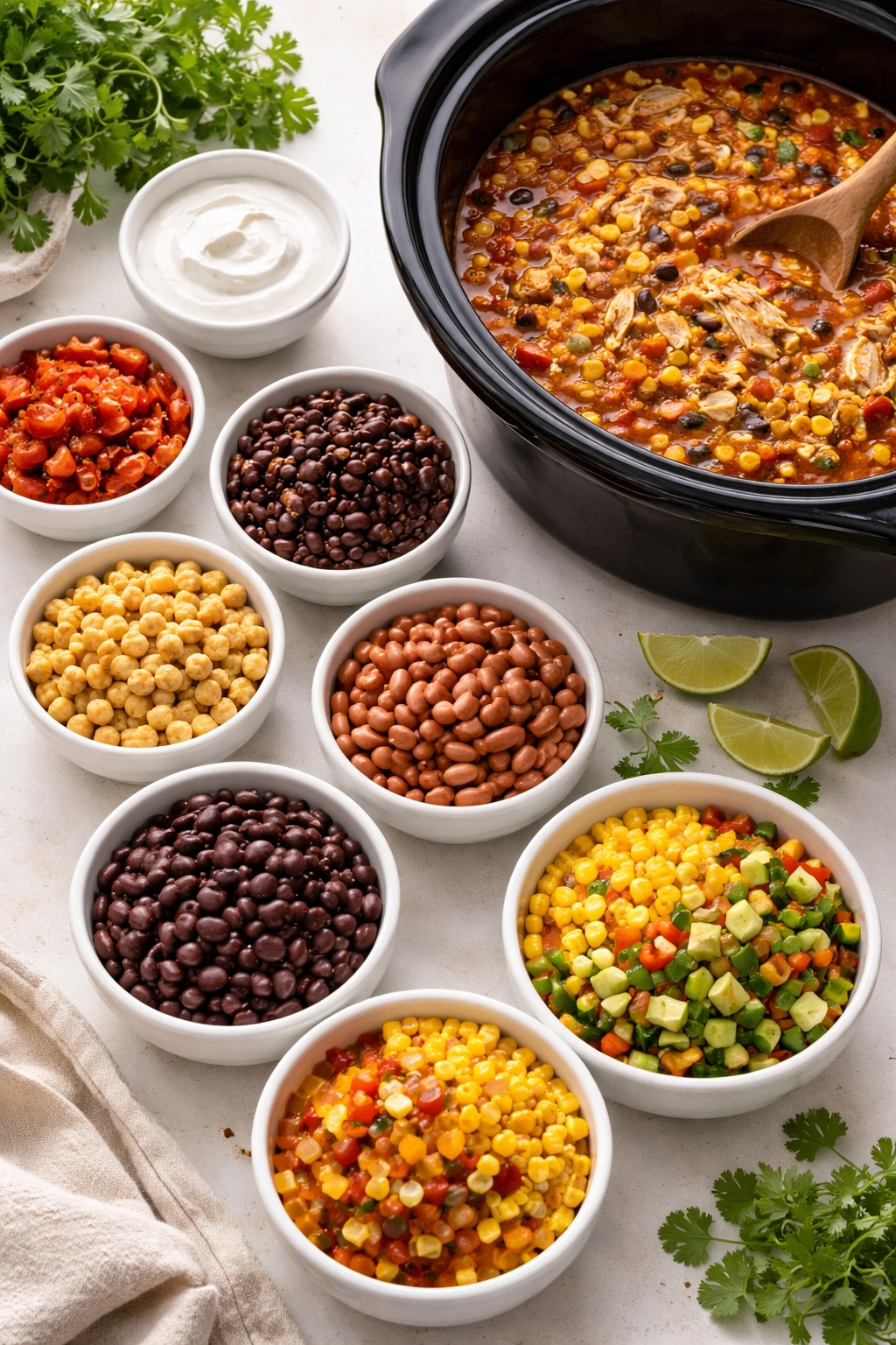 Assorted substitution ingredients like cream tomatoes and beans near a simmering pot