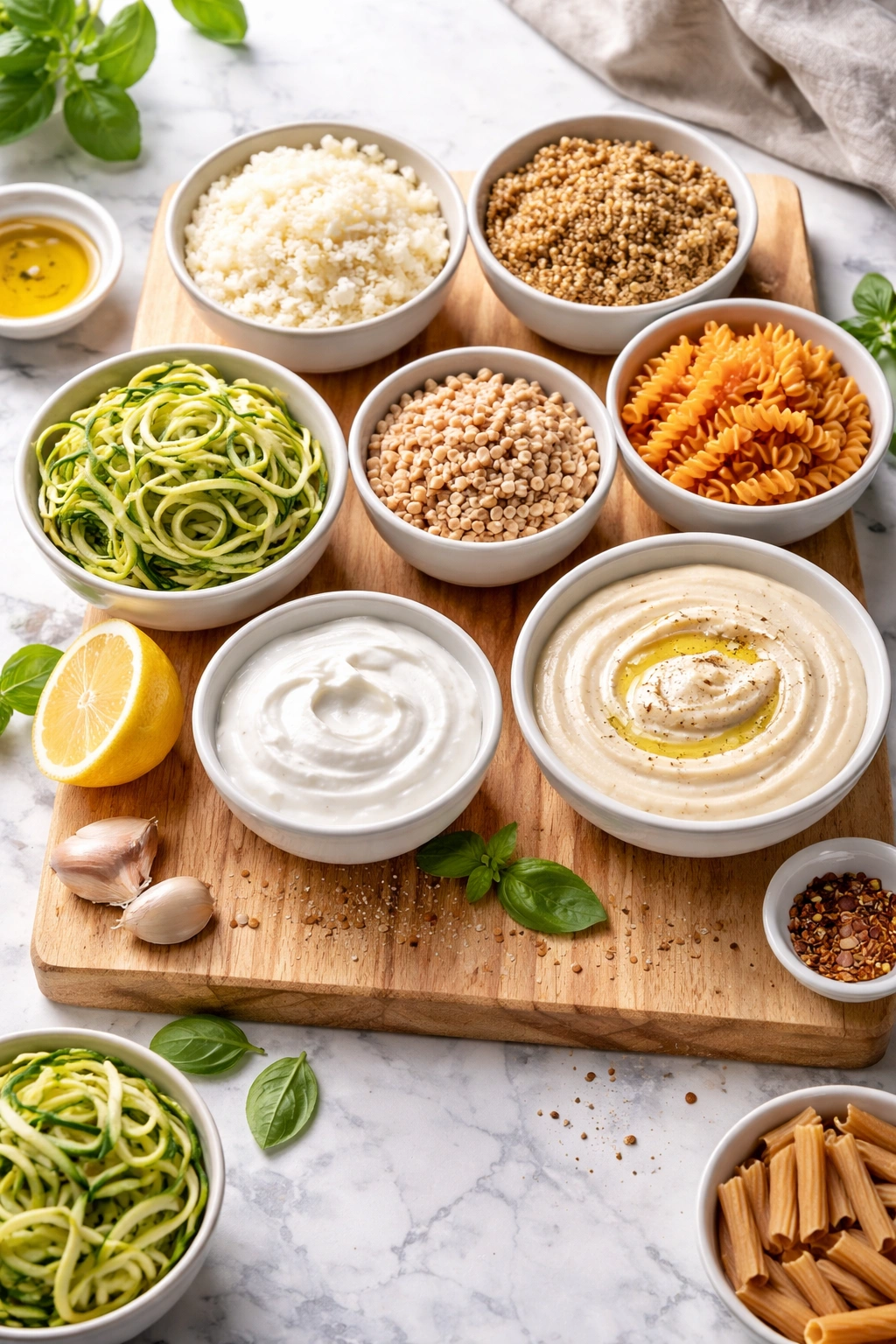 Top-down view of healthy substitution ingredients arranged on a wooden board
