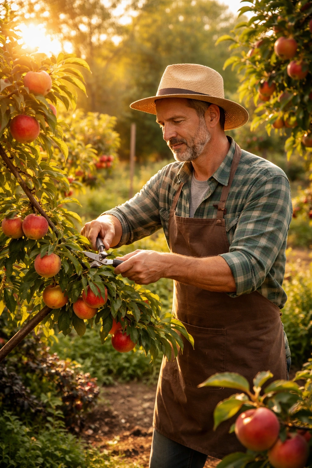 Gardener tending a productive fruit orchard under warm light