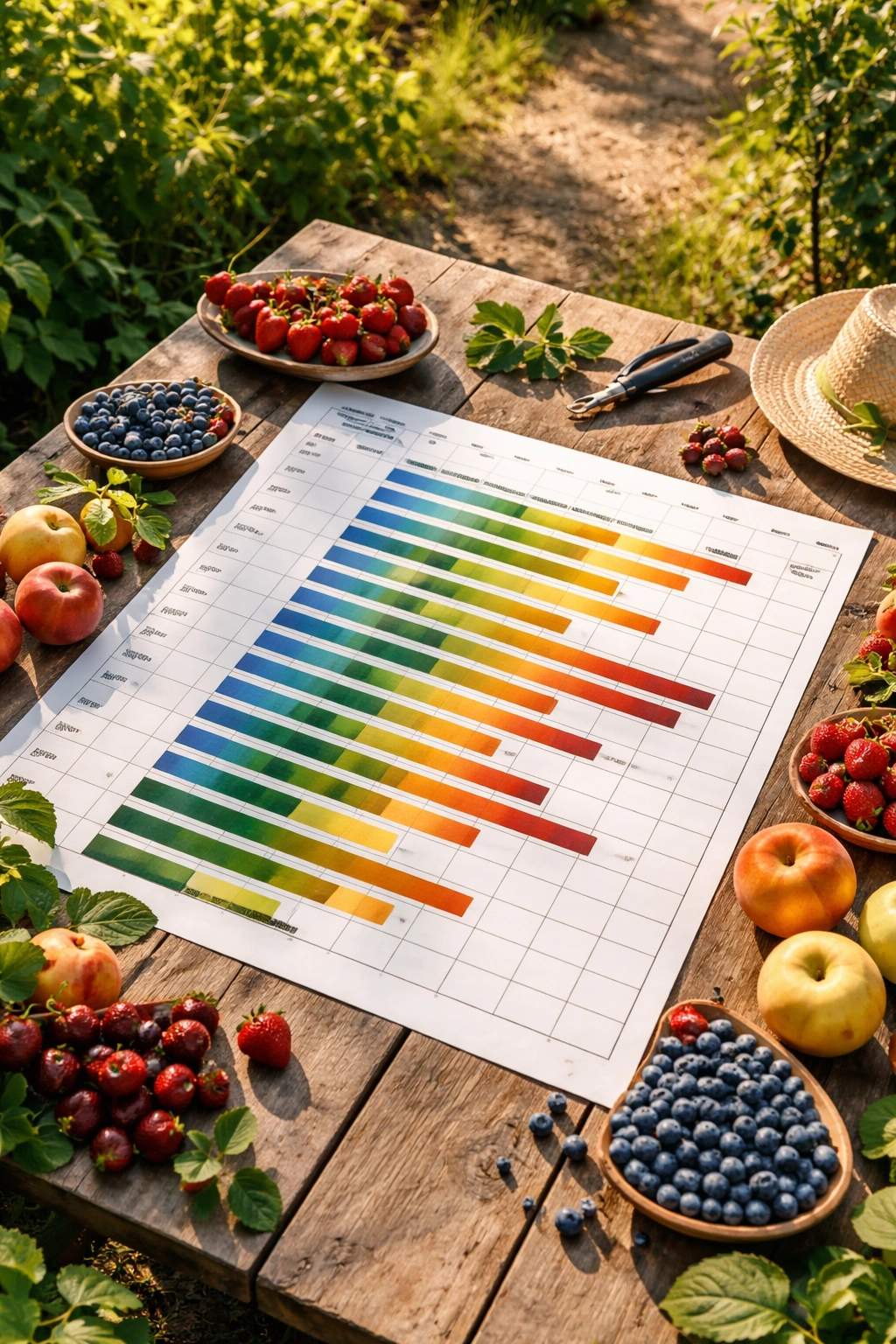 Abstract grid of color blocks showing succession planting for continuous harvest in a garden