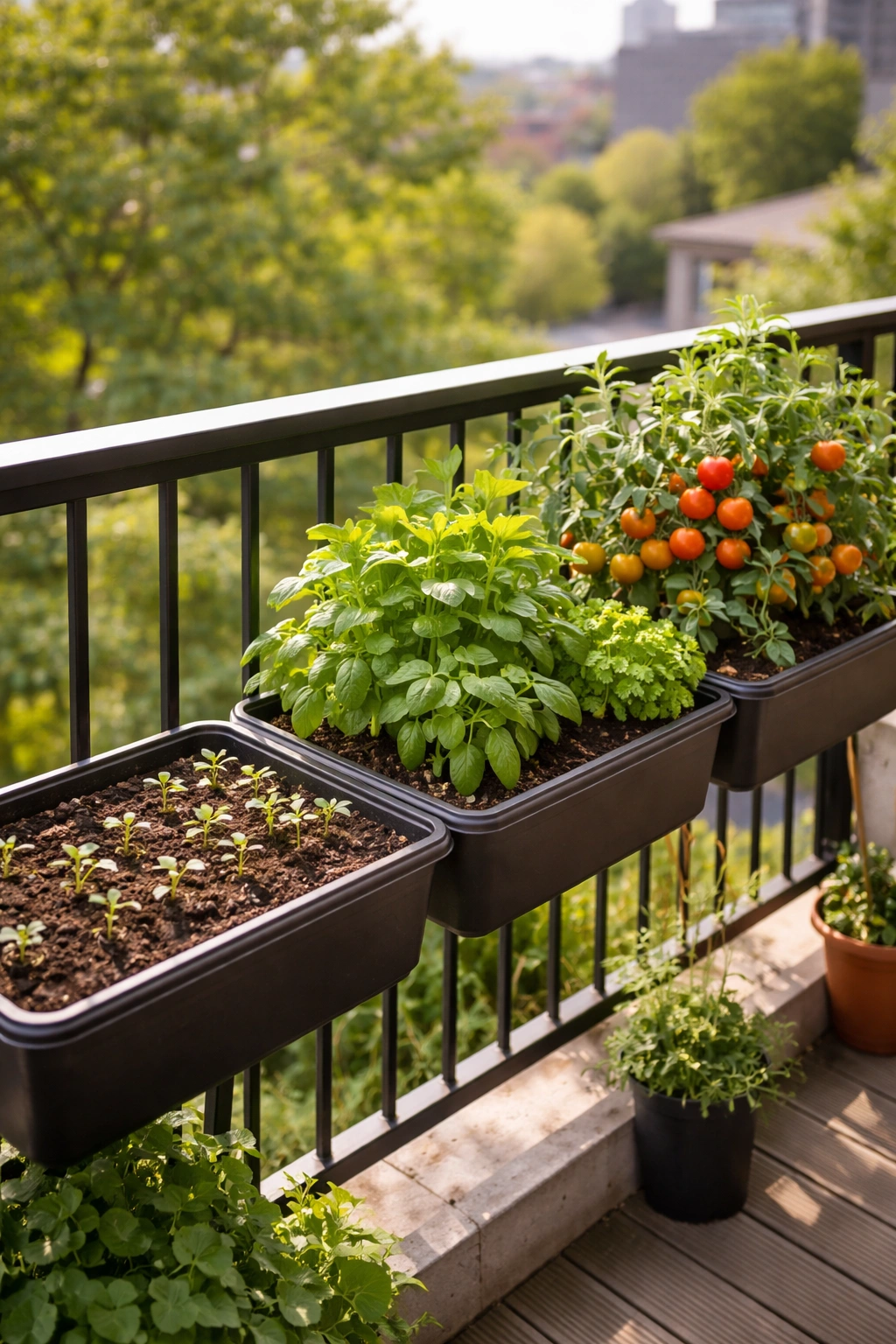 Balcony planters at various growth stages showing succession planting