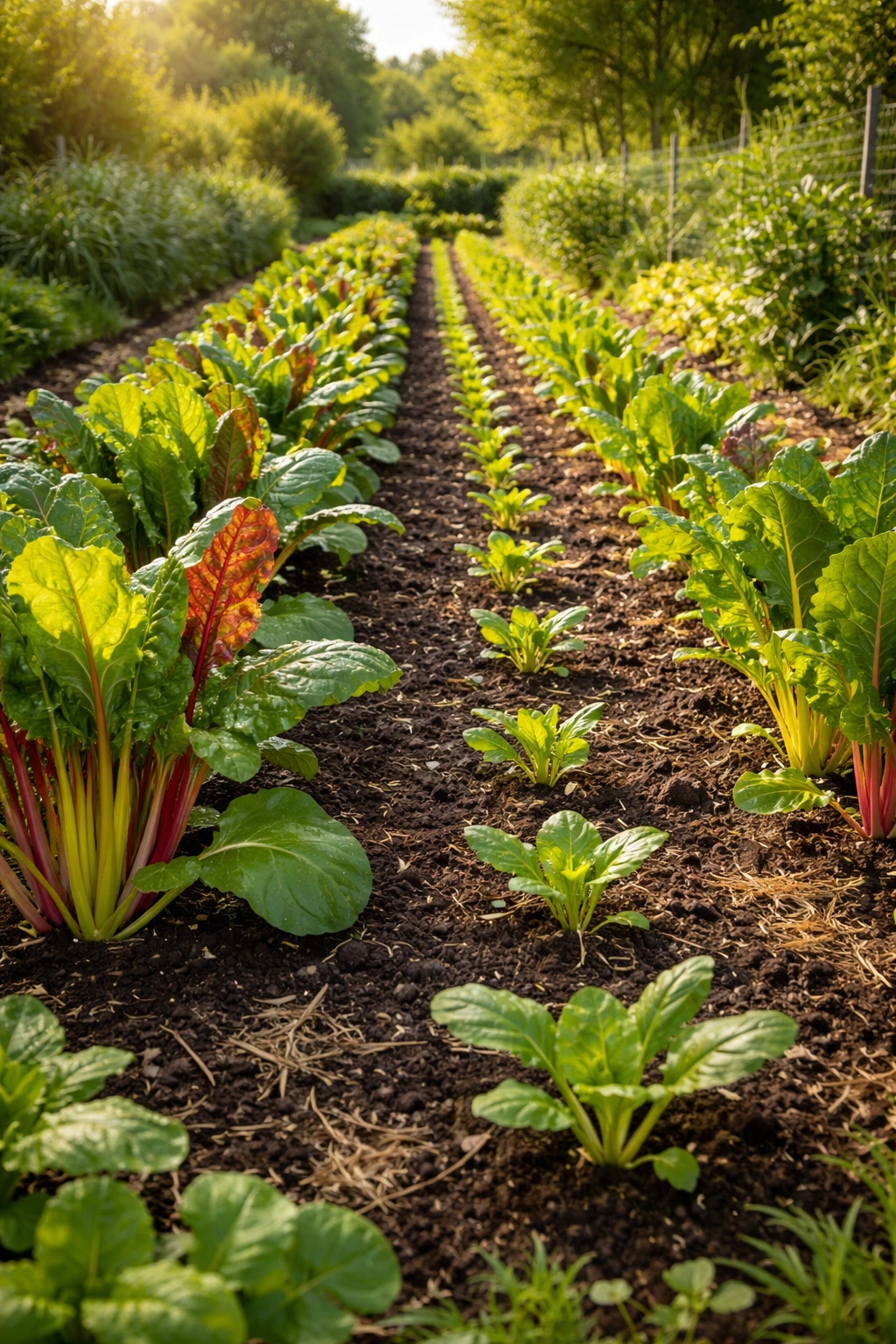 Garden bed showing mature Swiss chard plants with new seedlings interplanted