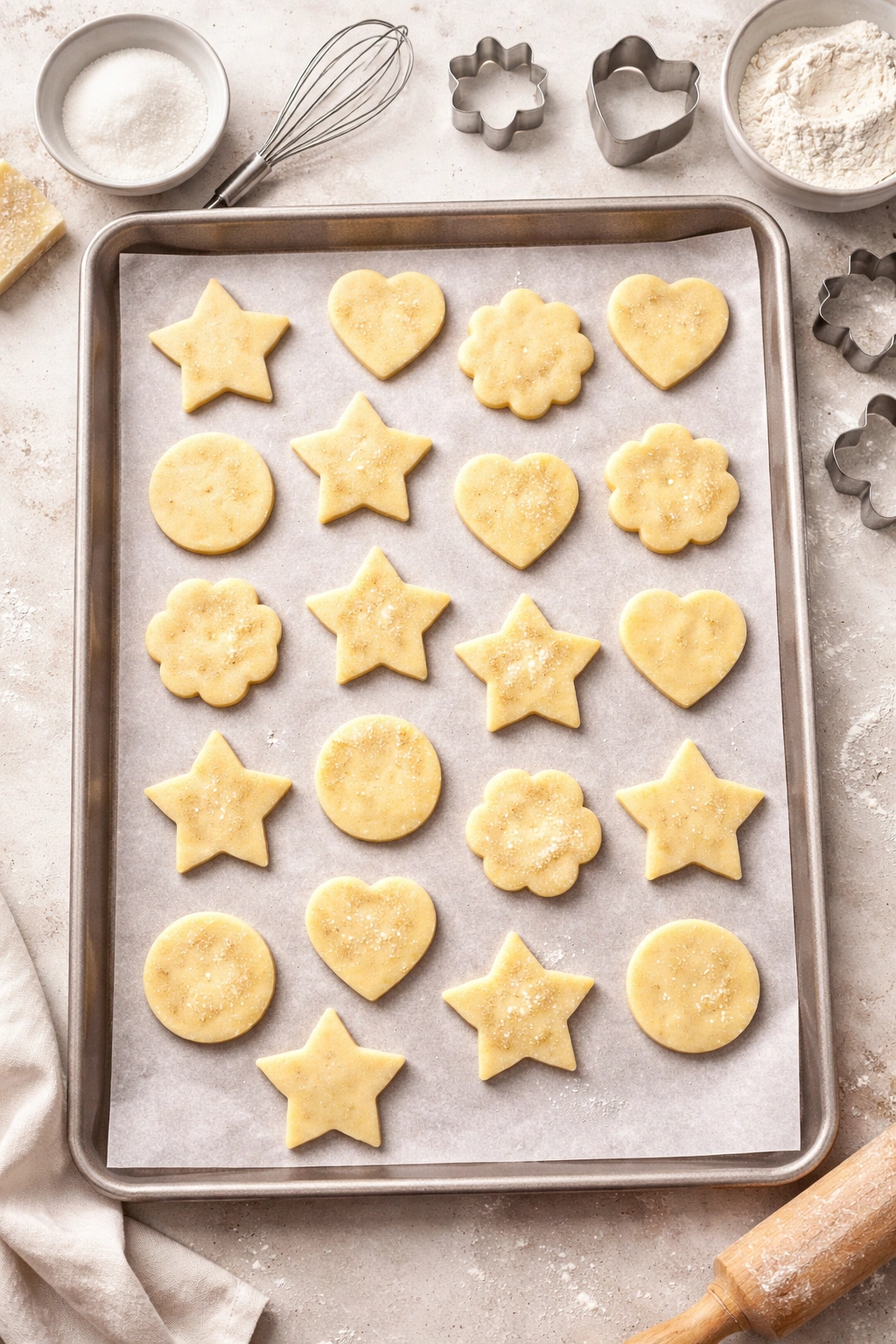 Sheet of sugar cookie shapes on parchment ready to bake