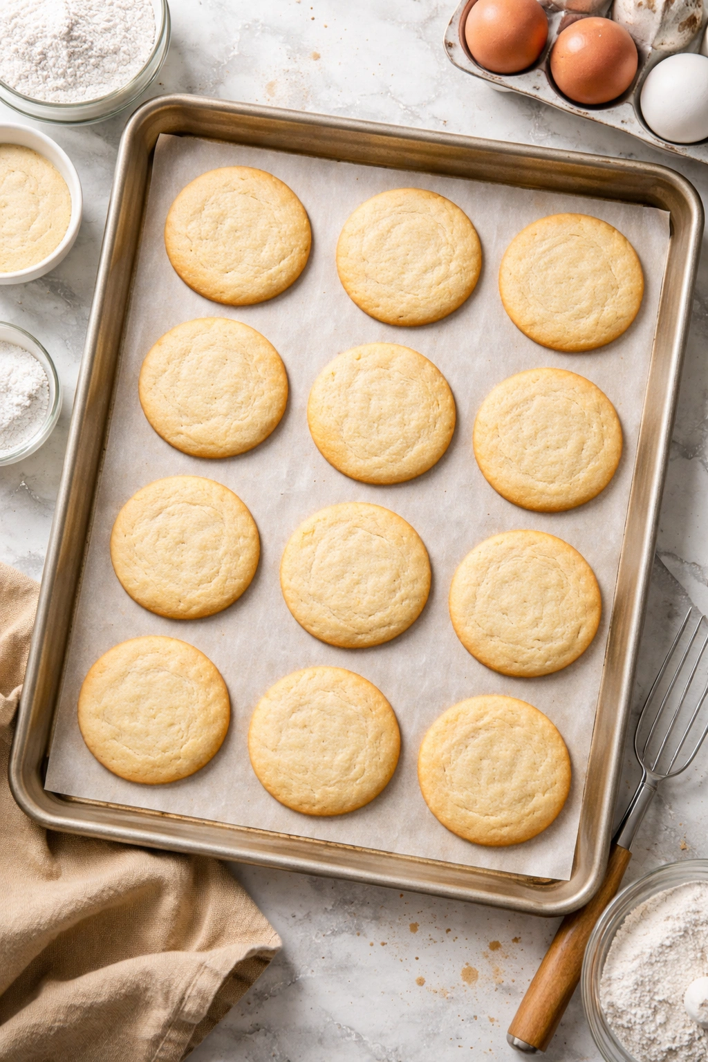 Close-up of sugar cookies with golden edges on parchment-lined baking sheet