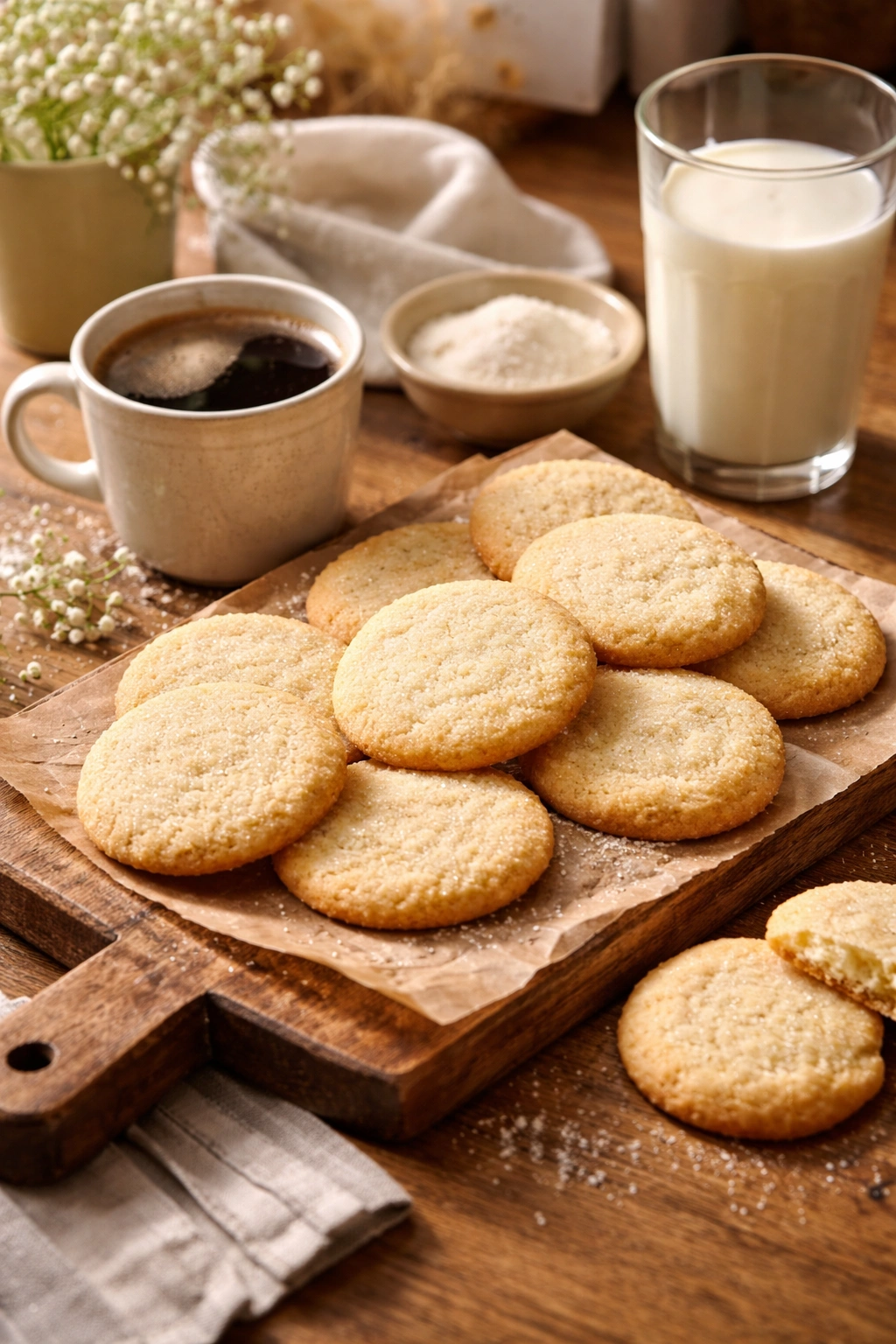 Sugar cookies with coffee and milk on wooden board, ideal pairings