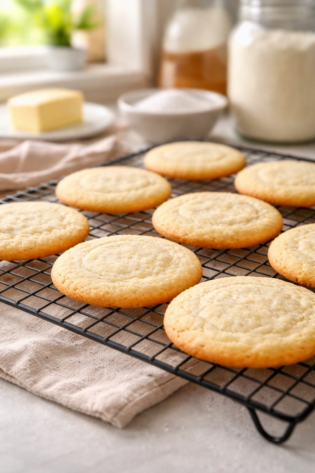 Sugar cookies cooling on a rack with soft centers