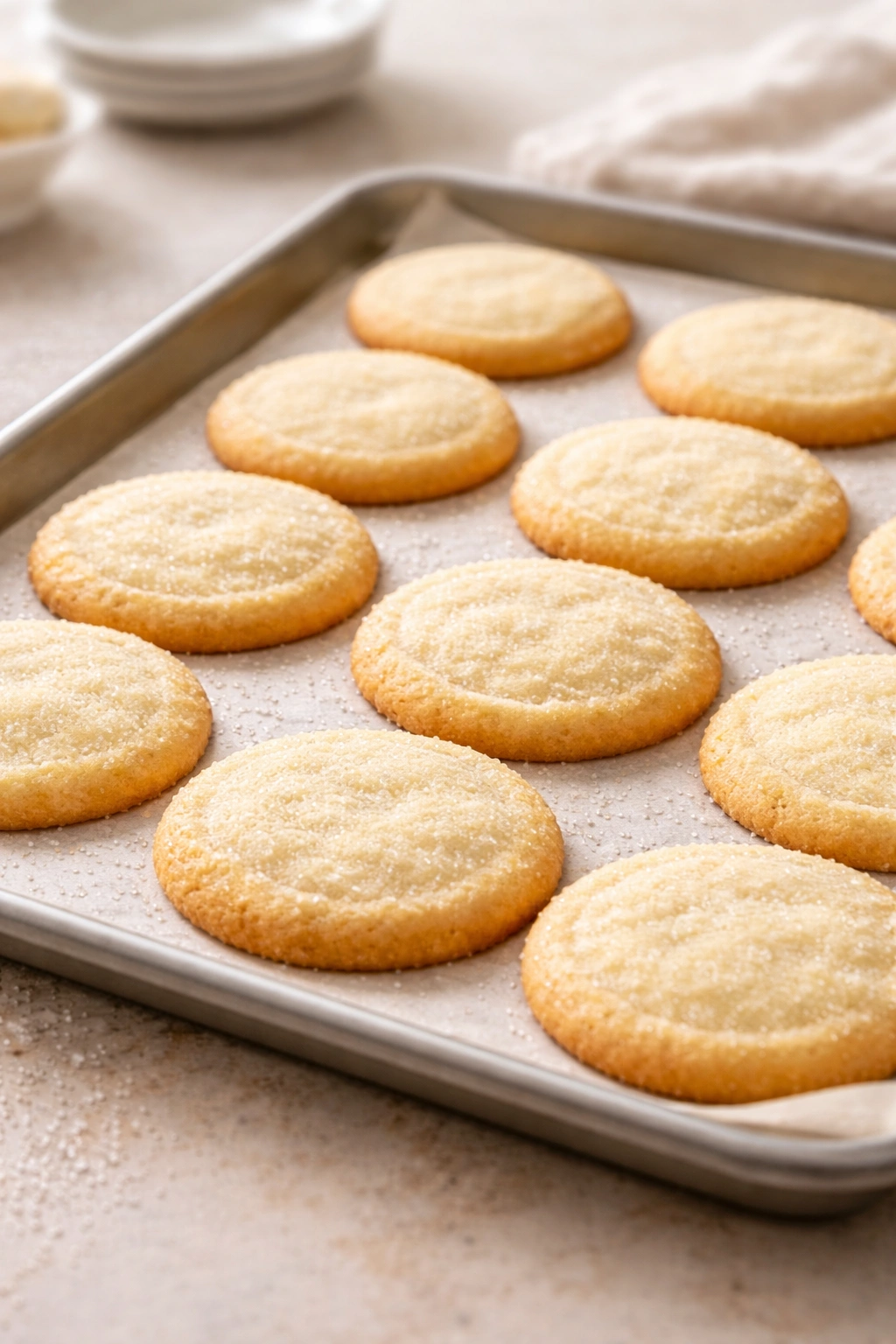 Tray of golden sugar cookies on neutral countertop