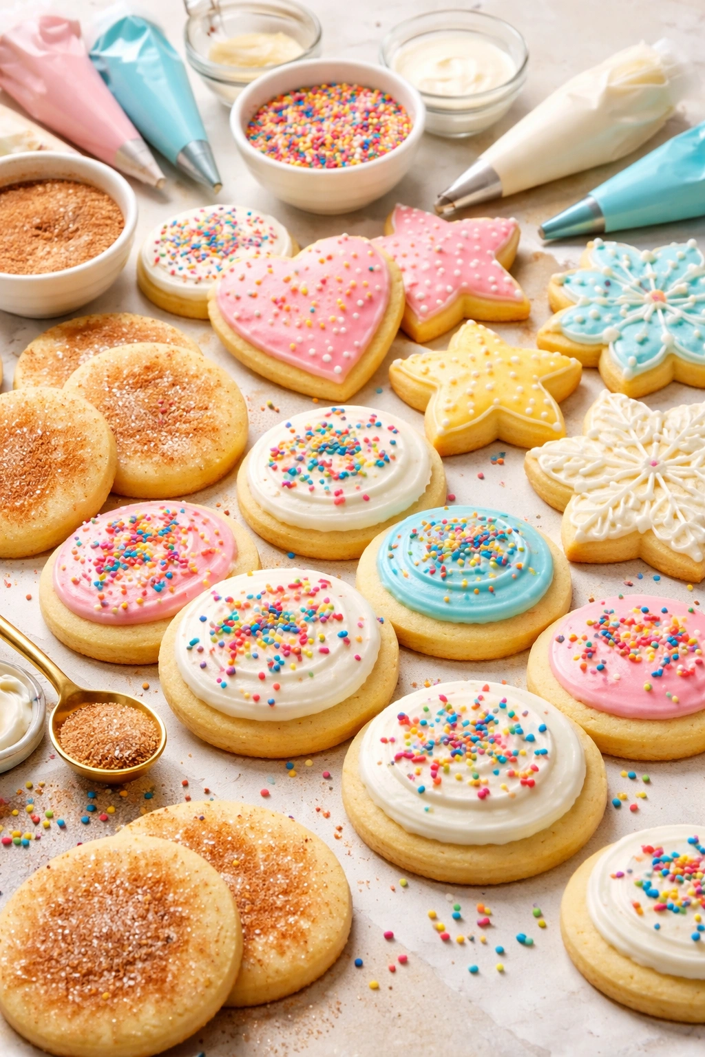 Decorated sugar cookies with frosting and sprinkles on a neutral surface