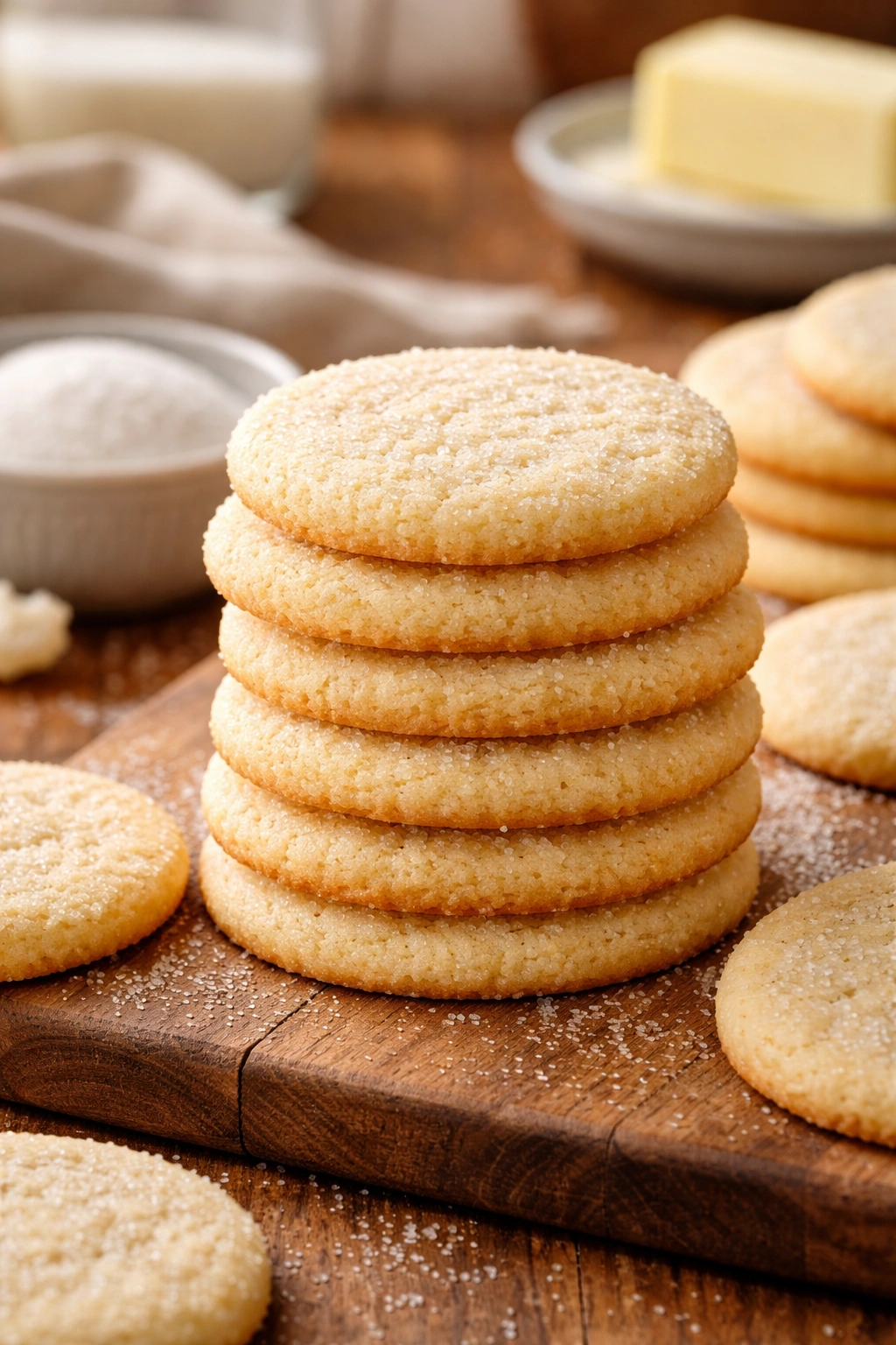 Close-up of a stack of homemade sugar cookies with golden edges on wood