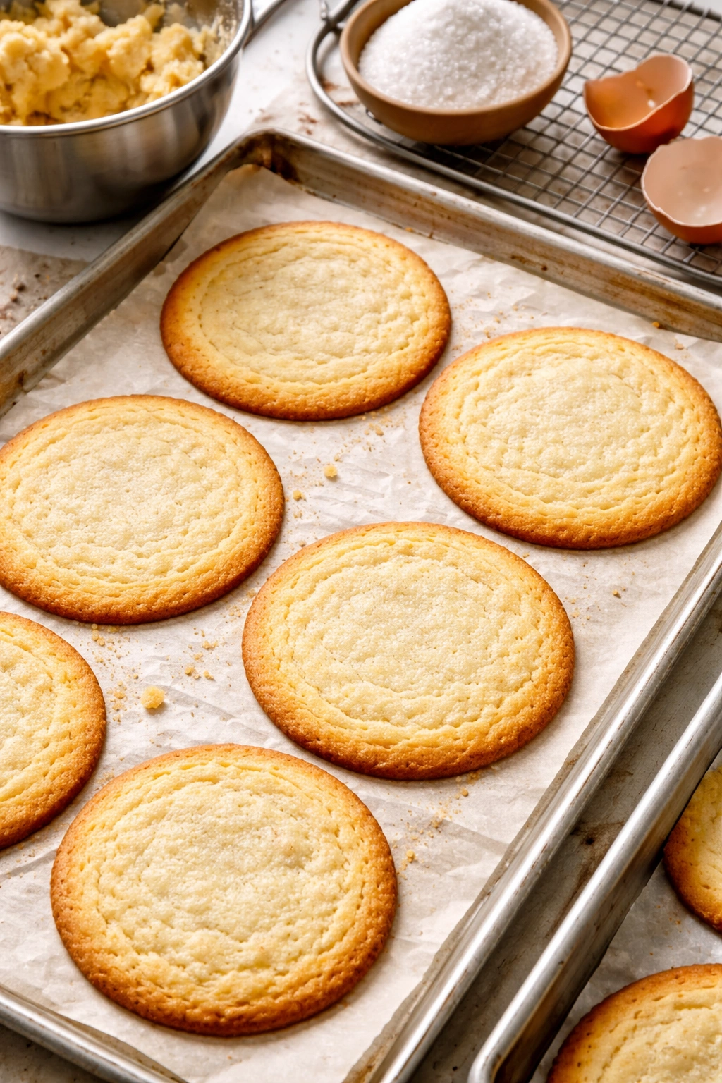 Flat sugar cookies with spread edges illustrate common baking mistakes