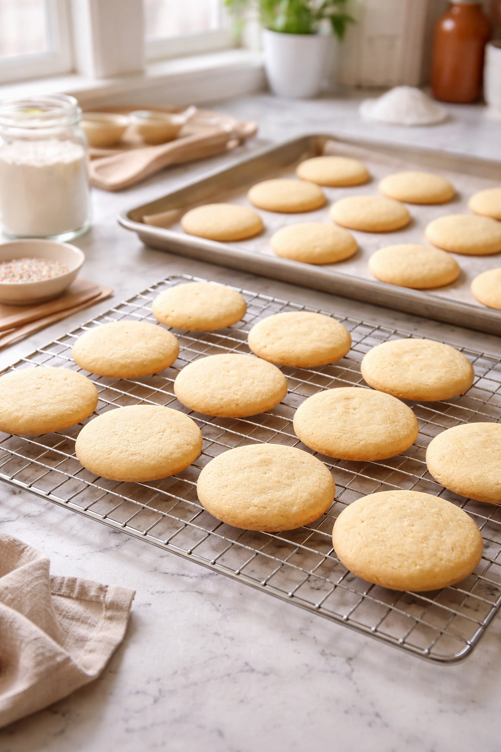 Cookies cooling on a rack and sheet pan in a bright kitchen